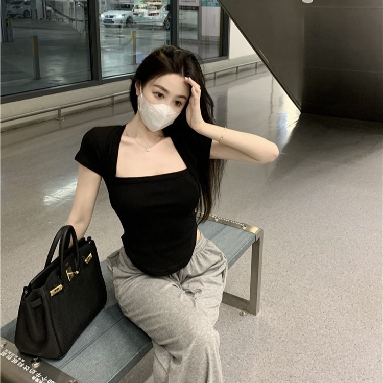 Áo Thun Tay Ngắn Cổ Vuông Dáng Ôm Màu Trơn Thời Trang Mùa Hè Xinh Xắn Cho Nữ
