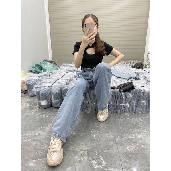 Quần Jean Ống Rộng Gài Eo_quần xuông gài eo hót hít