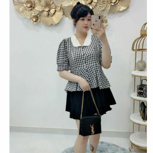 Set big size áo caro và chân váy xếp ly từ 60kg-90kg