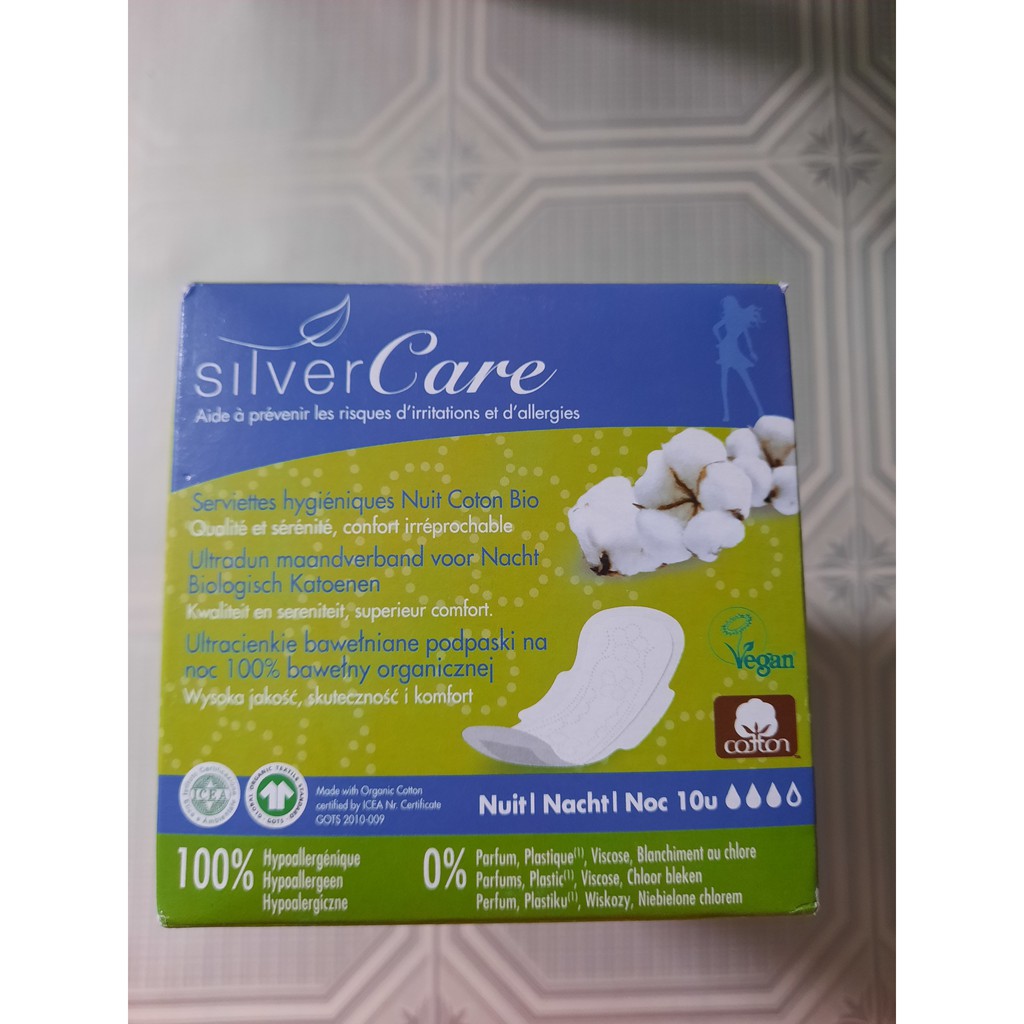 Băng Vệ Sinh Hữu Cơ Silver Care Ban Đêm Siêu Mỏng Cánh 10 Miếng