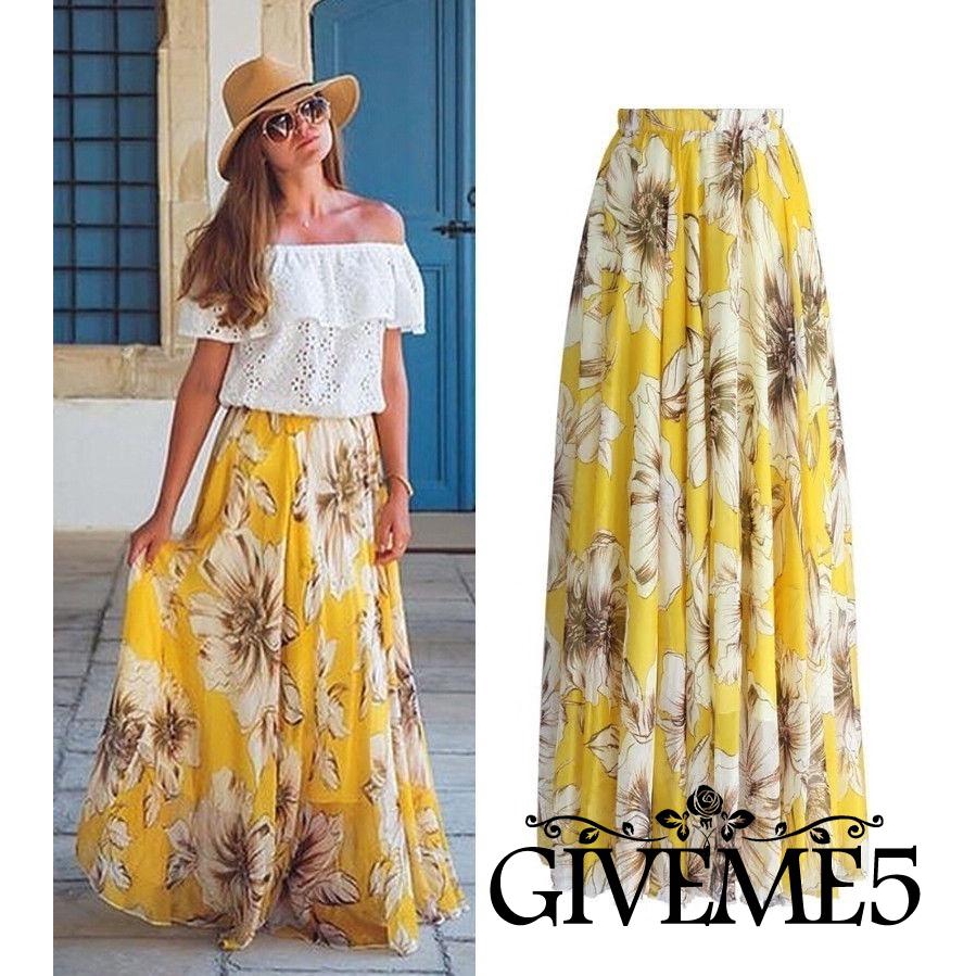 Chân váy maxi chiffon in hoa thời trang