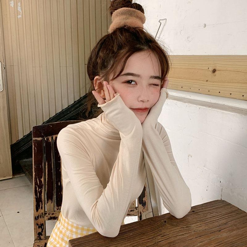 Áo thun cổ lọ tay dài màu trơn kiểu dáng đơn giản phong cách Hàn Quốc dễ phối đồ