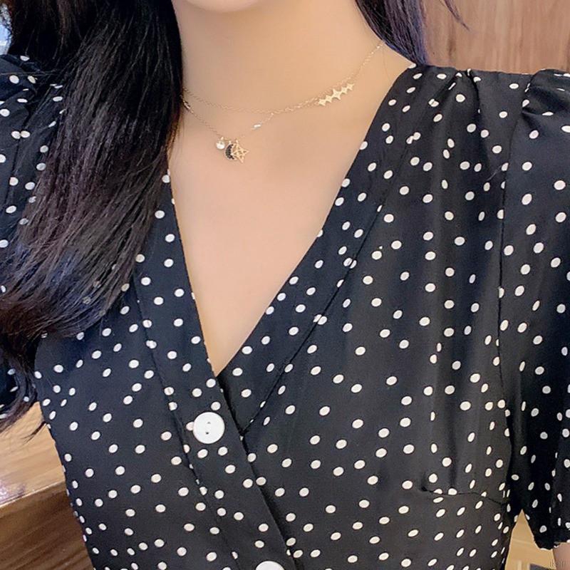 Đầm lưng cao cổ chữ V hoạ tiết chấm bi phong cách retro đầm hoa váy hoa nhí