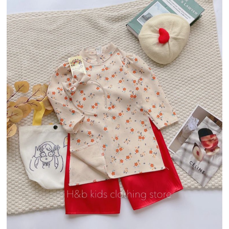 Set áo dài 3 chi tiết HB kids bé gái 2022 chất liệu nhung hoa