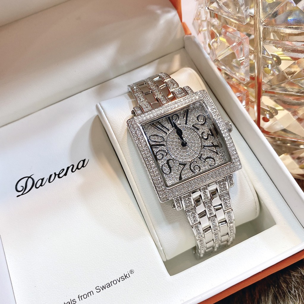 Đồng Hồ Davena Nữ Mặt Vuông Đính Đá Silver 37mm Chính Hãng