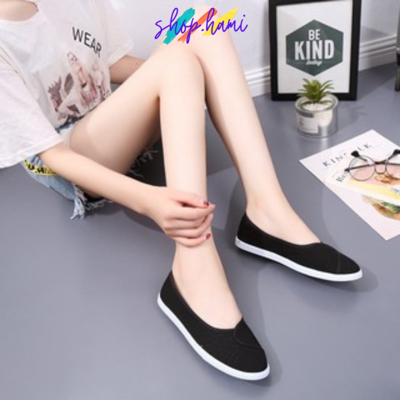 Giày Búp Bê Vải Nữ Đẹp 2021 Siêu Xinh Đế Bằng Mũi Tròn Mềm Mại Với Màu : Đen - Trắng Đủ size 35 -40 SHOP HAMI G34