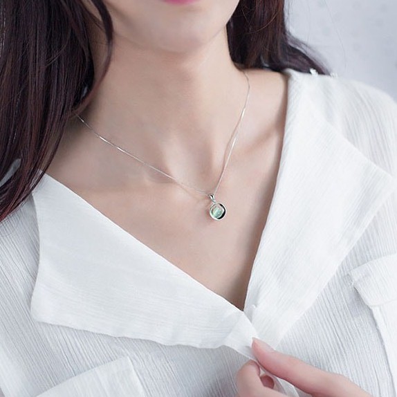Dây Chuyền Bạc Nữ, Vòng Cổ Nữ Mặt Đá Xanh Hạt Tròn Nhỏ Xinh M1558 - ROXI
