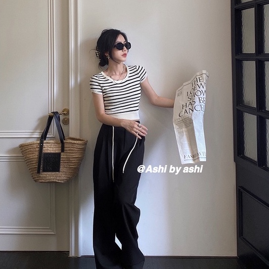 【ZHELIHANGFEI】Áo Thun Tay Ngắn Họa Tiết Kẻ Sọc Màu Sắc Tương Phản Dễ Phối Đồ