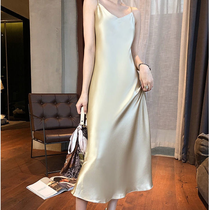Đầm Ngủ Hai Dây Dáng Chữ A Vải Satin Kiểu Hàn Quốc Gợi Cảm Cho Nữ