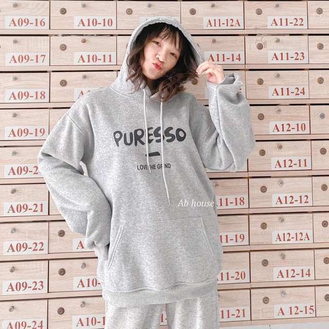 Áo hôdie nỉ bông xám puresso, áo hoodie nỉ mũ in chữ đơn giản