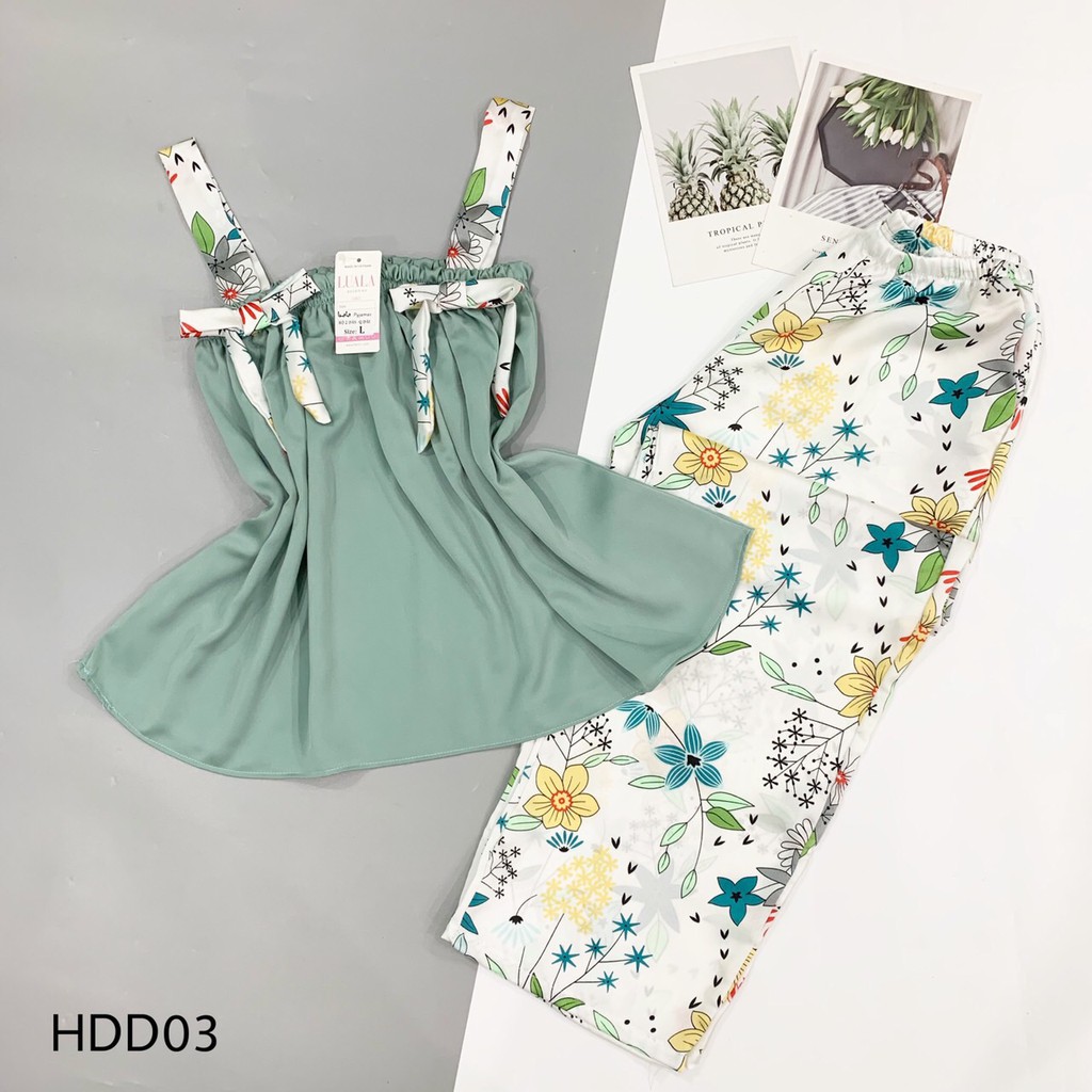 Pijama Đồ Bộ Đồ mặc nhà Đồ ngủ sleepwear Hai dây thắt nơ dễ thương quần dài lụa satin cao cấp mặc mùa hè