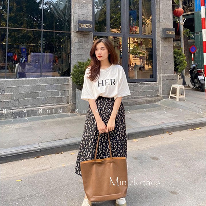 Chân váy hoa nhí vintage dáng dài chữ a kiểu xếp ly cạp chun Hàn Quốc mặc đi chơi làm công sở màu trắng đen thời trang
