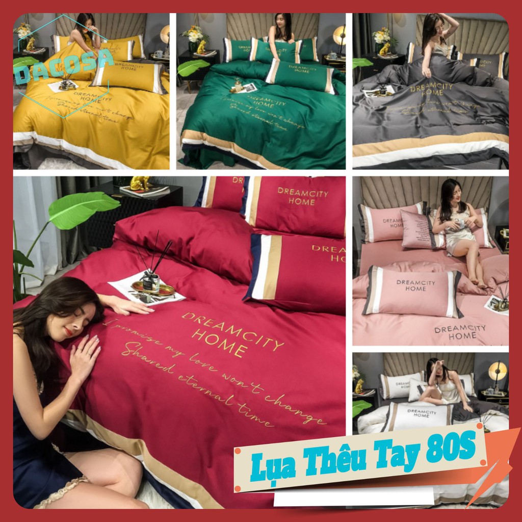 Bộ Chăn Ga Gối ⚡Lụa 80S⚡ Dream City Home Thêu Tay Cao Cấp Phong Cách Châu Âu