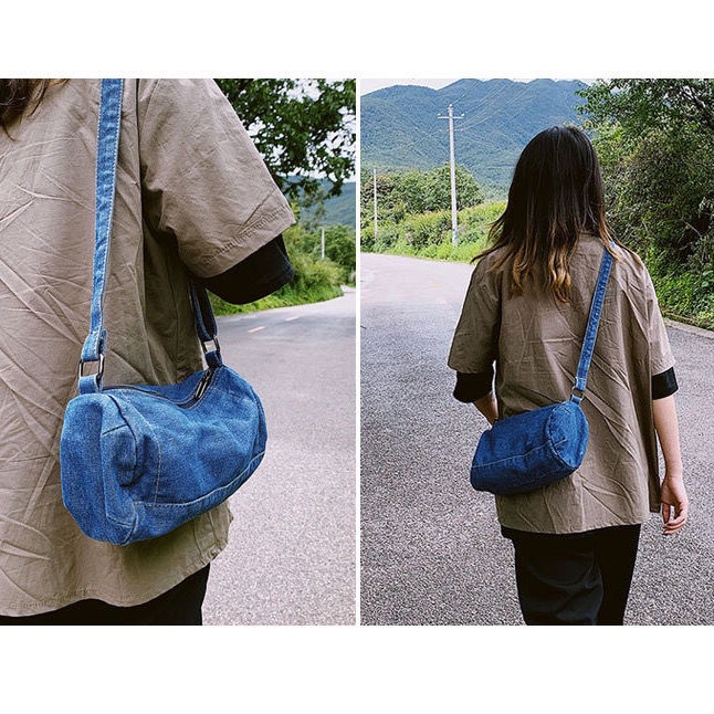 Túi Đeo Chéo Vải Denim Hình Trụ 3 Kiểu Tùy Chọn