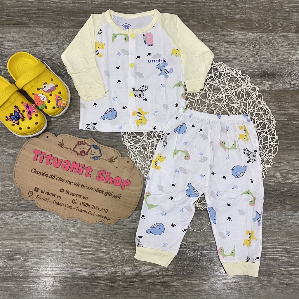 Bộ unchi dài tay cúc giữa peptit trắng hoạ tiết tay màu cho bé trai, bé gái, bộ unchi cho bé dài tay