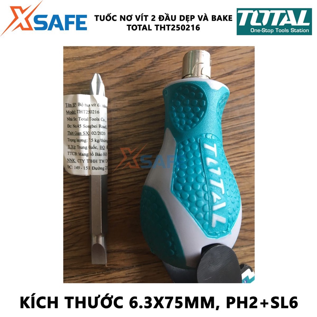 Tuốc nơ vít 2 đầu dẹp và bake TOTAL THT250216 | Bộ tua vít 2 trong 1 kích thước 6.3X75MM, PH2+SL6 chất liệu thép CR- V