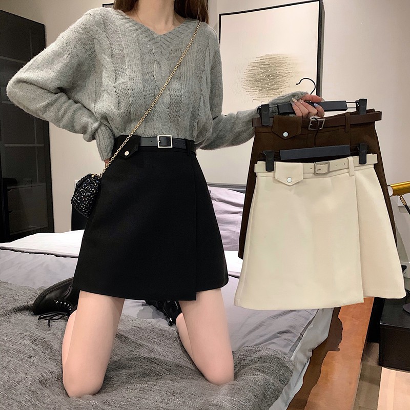 Chân váy ngắn chữ A lưng cao kèm thắt lưng thời trang mùa đông phong cách Hàn Quốc cho nữ | BigBuy360 - bigbuy360.vn