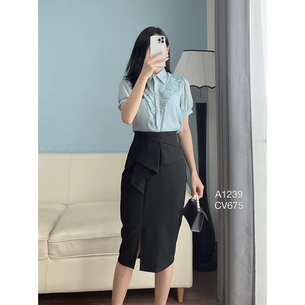 Chân Váy Bút Chì Công Sở Phối Bèo Xẻ Trước Dáng Dài