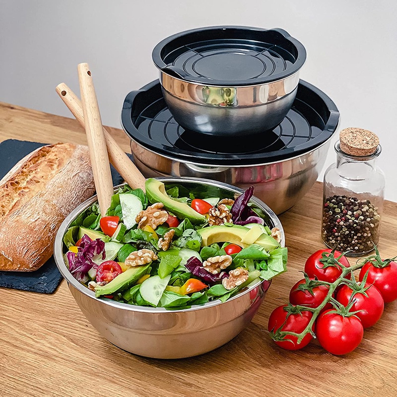 Bát Trộn Salad Bằng Thép Không Gỉ Chống Trượt Có Nắp Đậy Kín Khí Dùng Trong Nhà Bếp
