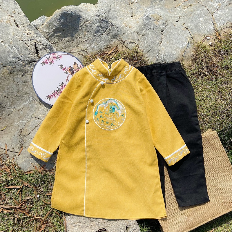 Áo dài bé trai Phúc Vân Long _ áo dài cách tân họa tiết rồng đỏ, rồng vàng Bee kids cho bé 1 2 3 4 5 6 7 8 9 10 tuổi