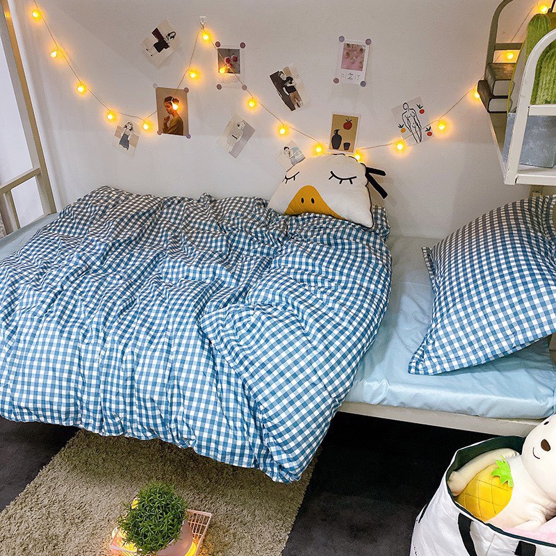 Set Chăn Ga Gối Caro Xanh Dương Phong Cách Hàn Quốc ( KHÔNG KÈM RUỘT )