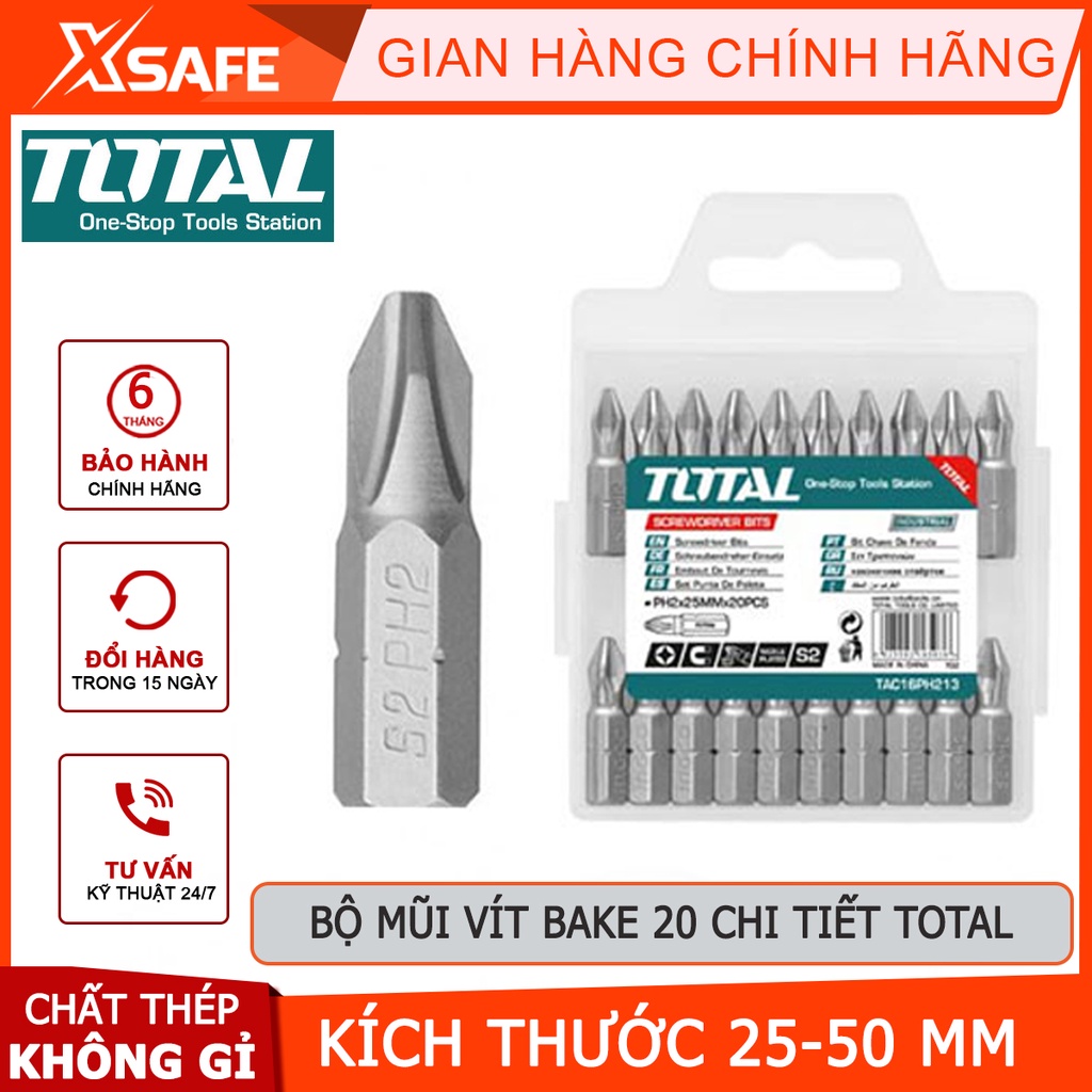Bộ mũi vặn vít TOTAL Bộ mũi bắt vít kích thước PZ2 x 25-50mm, chất liệu thép công nghiệp S2 không gỉ, mạ niken từ tính