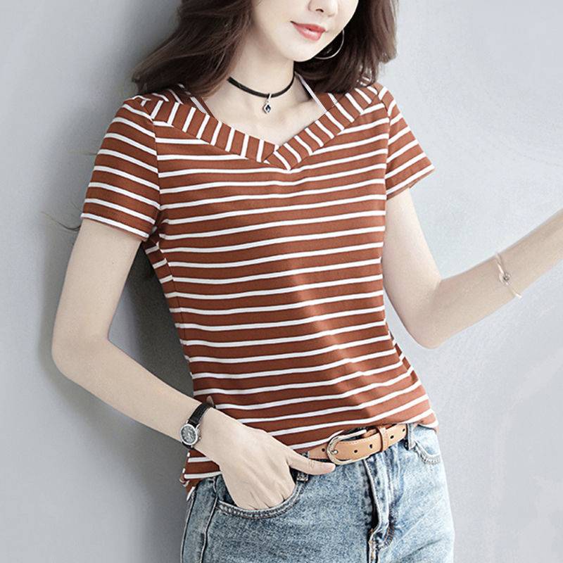 Áo Thun Tay Ngắn Cổ Chữ V Họa Tiết Kẻ Sọc Dễ Phối Đồ Thời Trang Cho Phụ Nữ Trung Niên