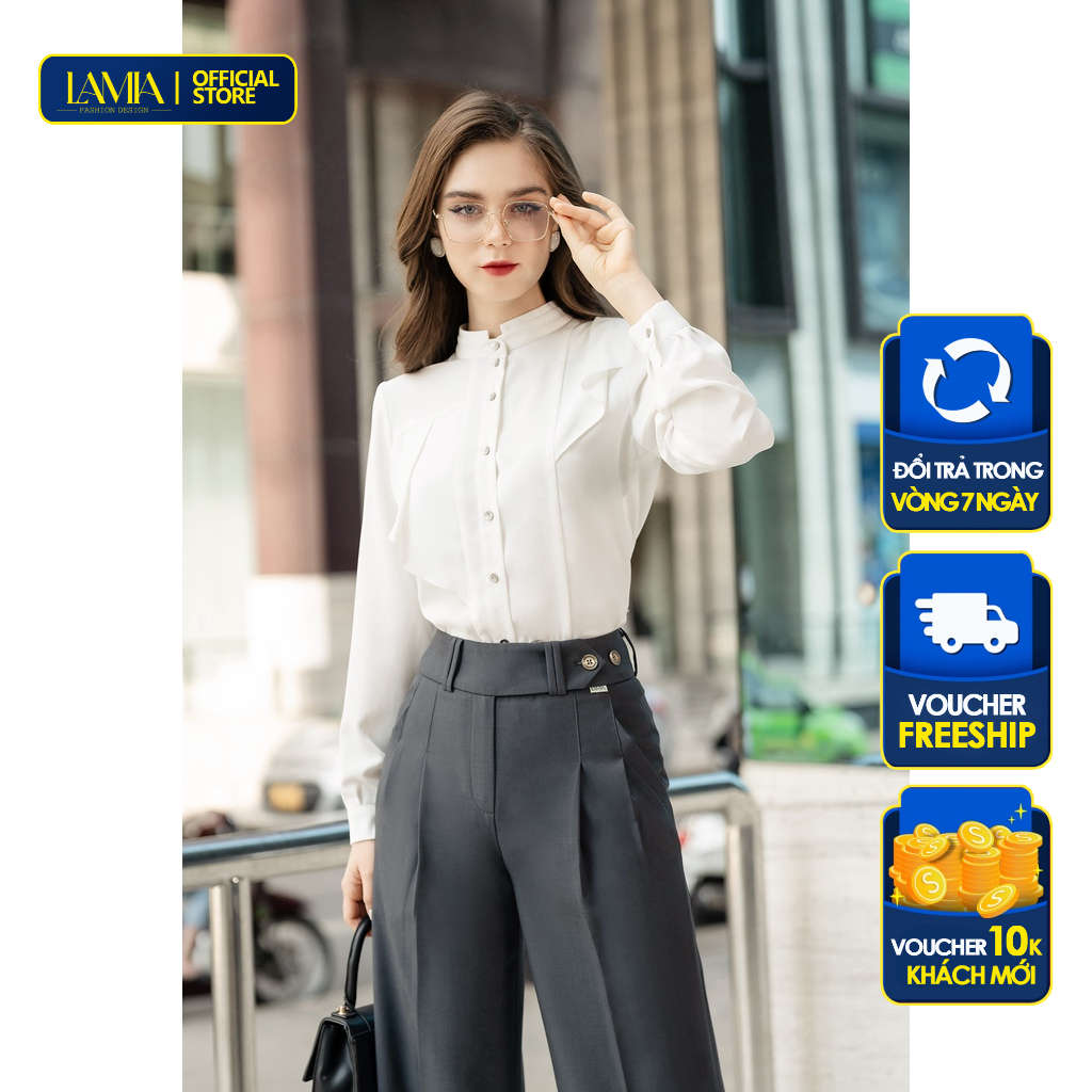 Áo sơ mi nữ Lamia Design LA322 màu trắng dáng trụ xếp bèo nhún mềm tinh tế