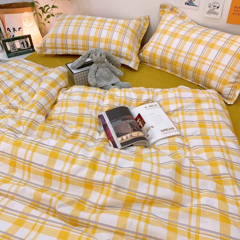 (Nhập POOHSINH1 giảm 15k)Bộ Chăn Ga Gối 4 Món Cotton 80% 3D Basic Kẻ Caro Đơn Giản Size m6/m8/2m - Poohbedding Cao Cấp