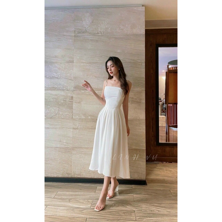 Váy 2 dây xếp ly hai màu đen trắng dáng đẹp chất vải thô thoáng mát - LL016 | BigBuy360 - bigbuy360.vn