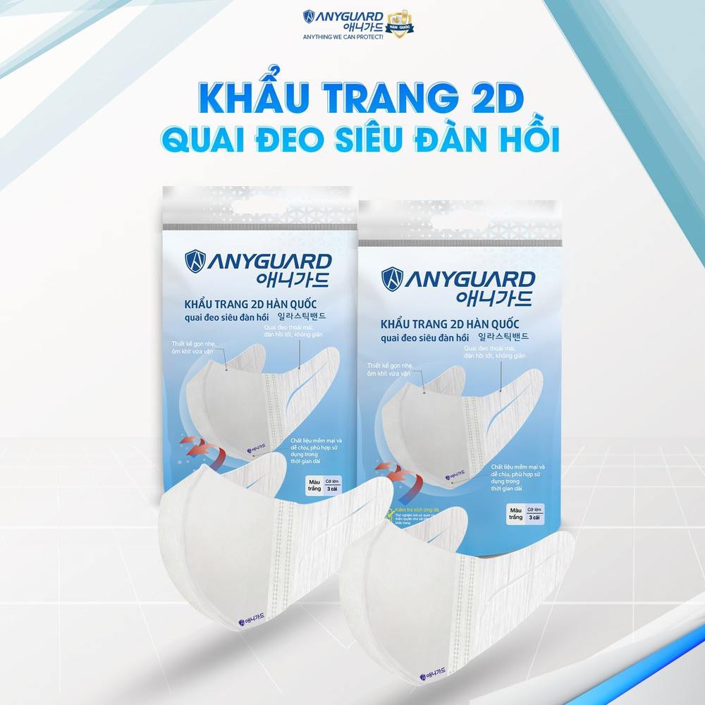 Khẩu Trang 2D Anyguard Màu Trắng Cỡ Lớn 3 Cái/Túi