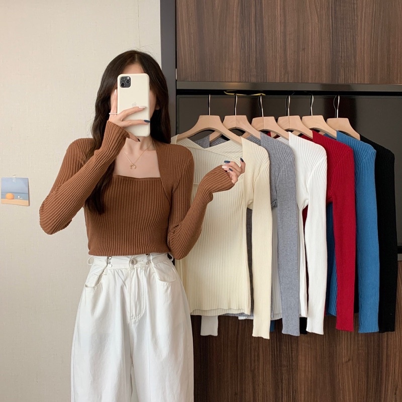 [FREESHIP] Áo len dệt kim cổ vuông tay dài QC 4 màu trắng/đỏ/nâu/xanh NÀNG CLOSET