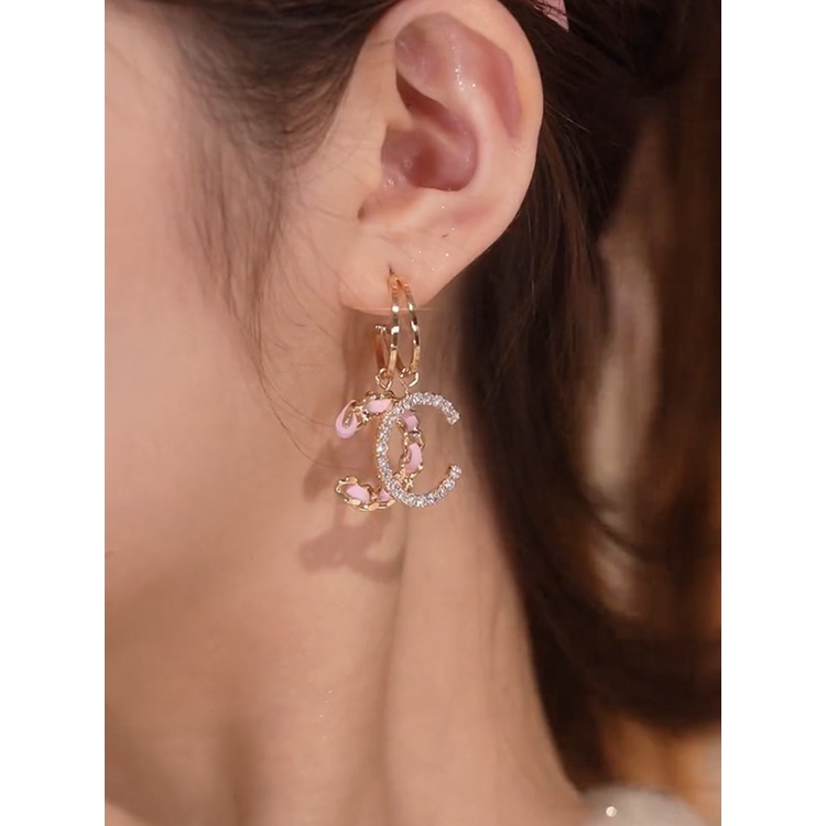 Bông Tai Mạ Bạc 925 Hình Chữ C Đính Đá Kim Cương Màu Hồng Sang Trọng Cá Tính