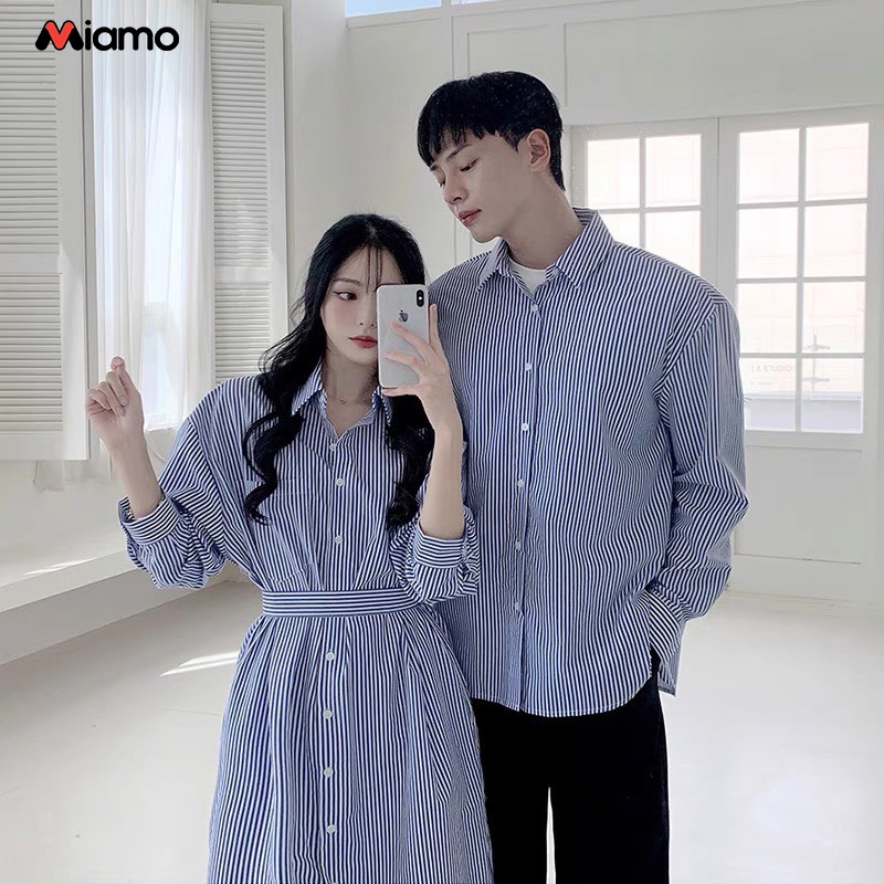 [Freeship] Set đồ đôi áo sơ mi nam váy nữ kẻ sọc phong cách Hàn thời trang Miamo MO090
