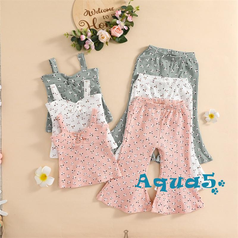 Set Đồ Mùa Hè 2 Món Gồm Áo Hai Dây Không Tay In Họa Tiết Có Gân + Quần Dài Eo Thun Cho Bé Gái