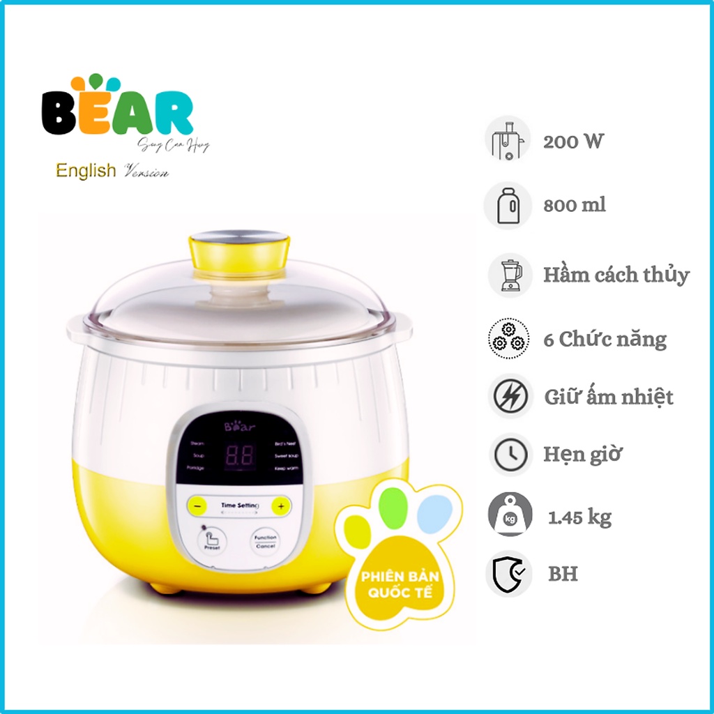 Nồi nấu cháo chậm/Nồi hầm đa năng Bear 0.8l - Kèm lồng hấp- Bảo Hành 18 tháng