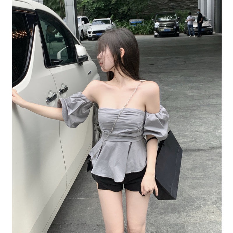 Áo Sơ Mi Ngắn Tay Lệch Vai Màu Xám Phong Cách Pháp Thời Trang Mùa Hè Quyến Rũ Cho Nữ