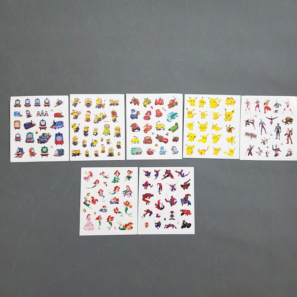 Combo 5 tấm hình dán sticker hoạt hình xe hơi người nhện thomas pokemn tiên cá