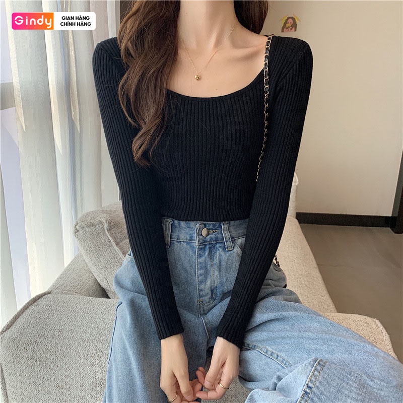 Áo len tăm nữ GINDY cổ vuông trơn dáng ôm dài tay co giãn thời trang thu đông A1102