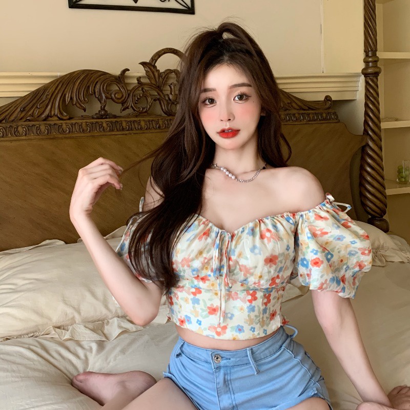 Áo Croptop Chiffon Tay Phồng Cổ Vuông In Hoa Kiểu Retro Hàn Quốc Xinh Xắn Cho Nữ | BigBuy360 - bigbuy360.vn