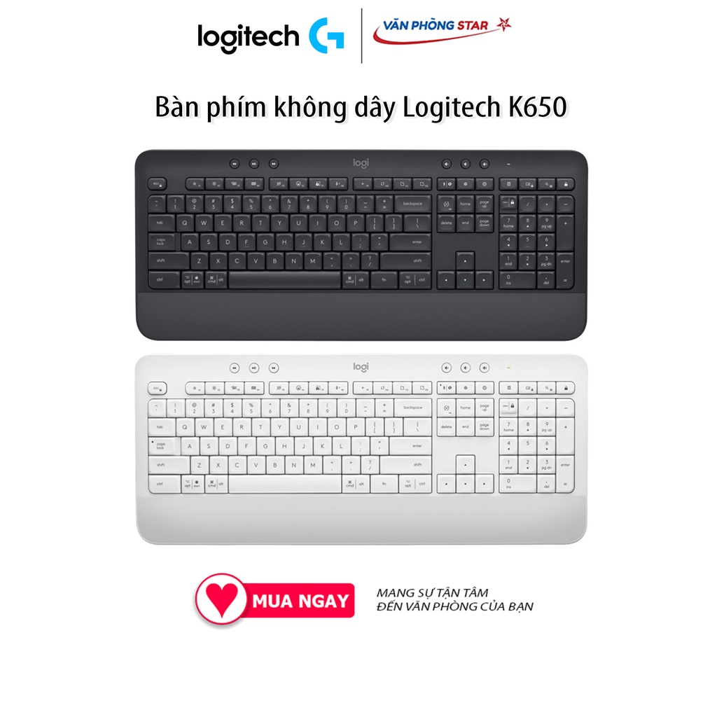 Bàn phím không dây Logitech K650 (920-010987), kết nối Bluetooth 5.1 / Wireless 2.4Ghz, kích thước Full size, kê tay