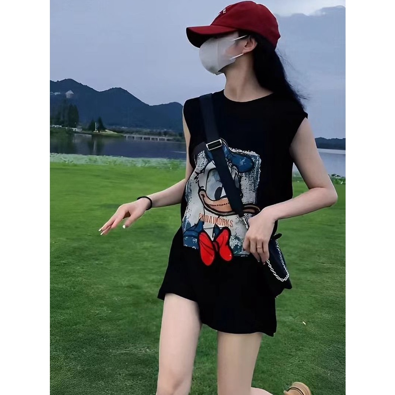 Áo Thun Đen Không Tay Dáng Rộng In Họa Tiết Hoạt Hình Phong Cách Mỹ Thời Trang Mùa Hè Cho Nữ