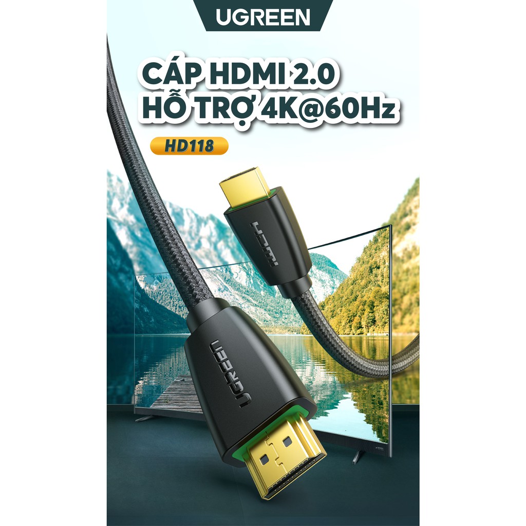 Cáp HDMI 2.0 hỗ trợ 3D, 4K, độ dài từ 1-8m UGREEN HD118 - Hàng phân phối chính hãng - Bảo hành 18 tháng