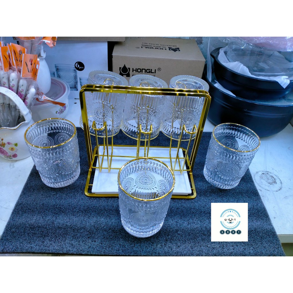 Bộ Cốc Ly Thuỷ Tinh [6 Chiếc] chịu nhiệt cao cấp, vàng 18k, 2 phong cách lựa chọn, 1 bộ 6 chiếc