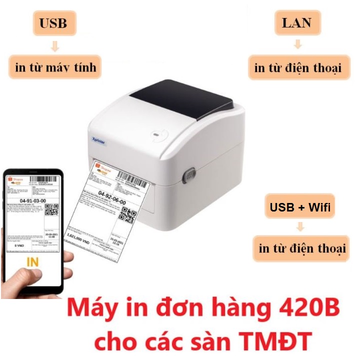 Máy in đơn hàng TMĐT khổ giấy A6 Xprinter 420B - Tùy chọn cổng