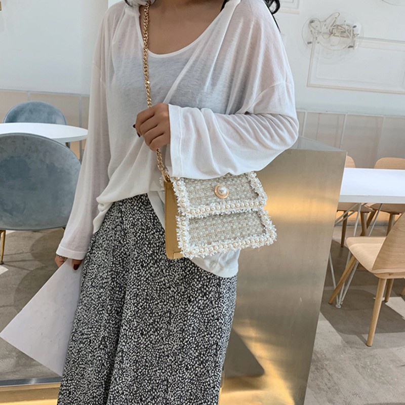 Túi Đeo Vai Vải Lanh Cotton Họa Tiết Hoa Kẻ Sọc Đính Hạt Màu Trắng Dễ Thương Cho Nữ | BigBuy360 - bigbuy360.vn