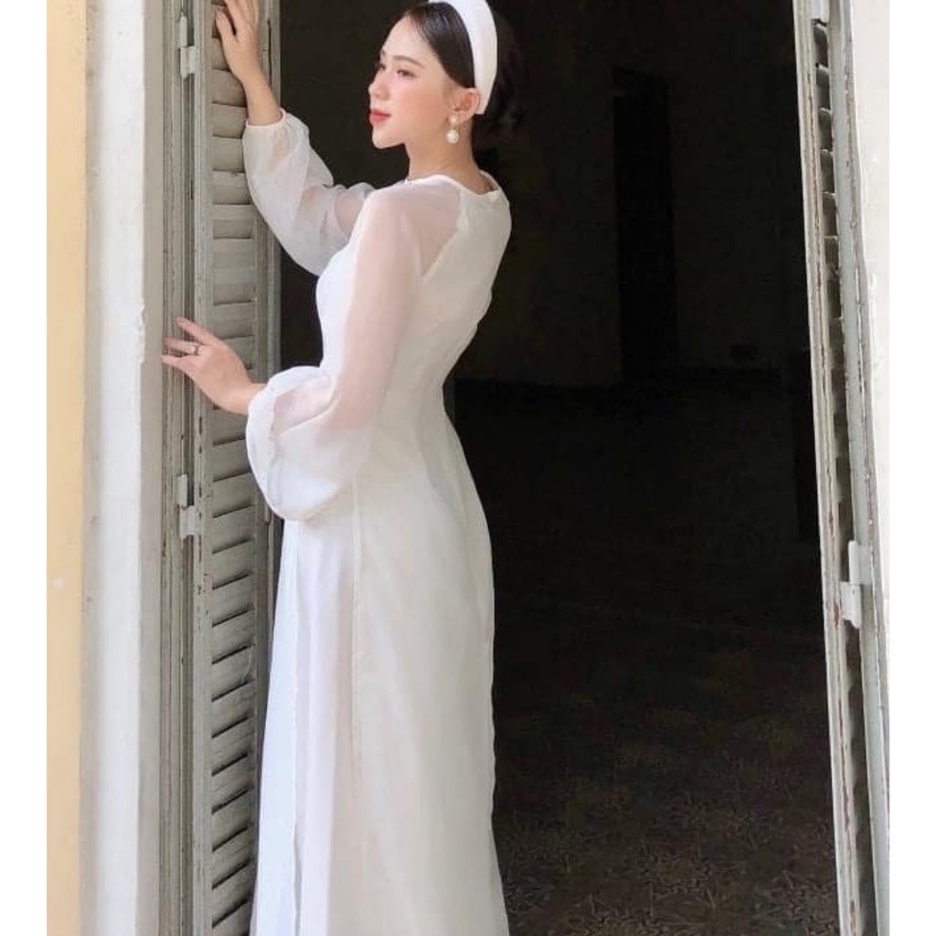 Áo dài may sẵn voon tơ trắng 4 tà thời trang, áo dài thiết kế