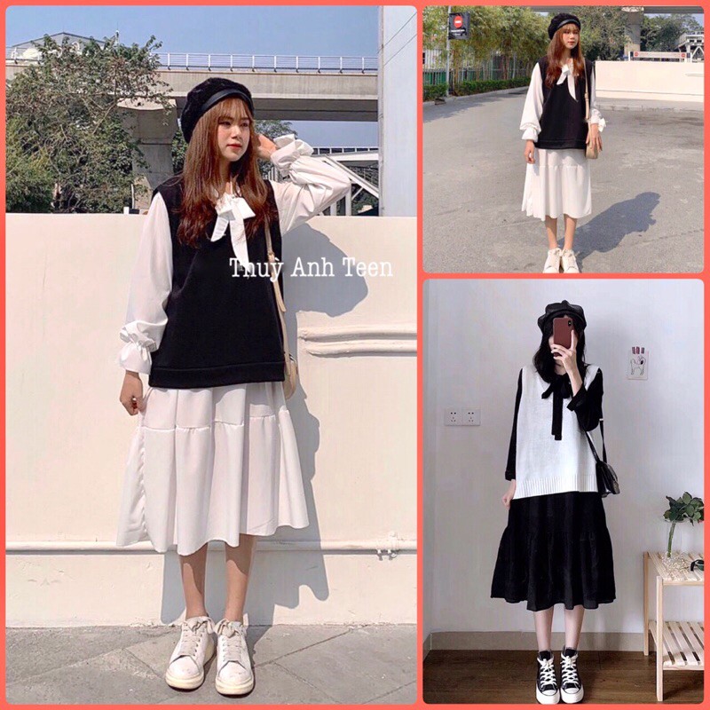 Set váy babydoll buộc nơ cổ kèm áo gile trơn form thụng, set váy tiểu thư ulzzang 3 tầng kèm áo đi học đi chơi