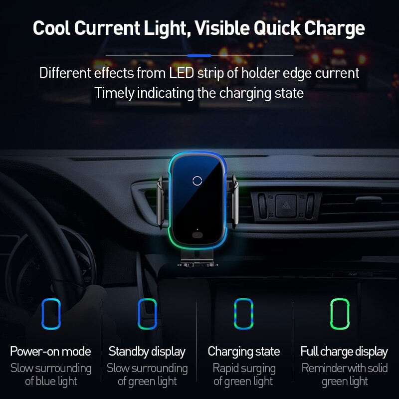 Bộ giá đỡ điện thoại trên ô tô Baseus Light Electric,sạc không dây Qi 15W,đèn LED cho iPhone,Samsung,Xiaomi