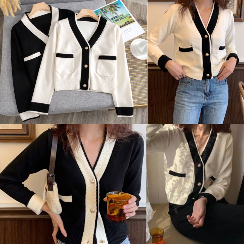 Áo khoác len ngắn Hàn Quốc phối đen trắng